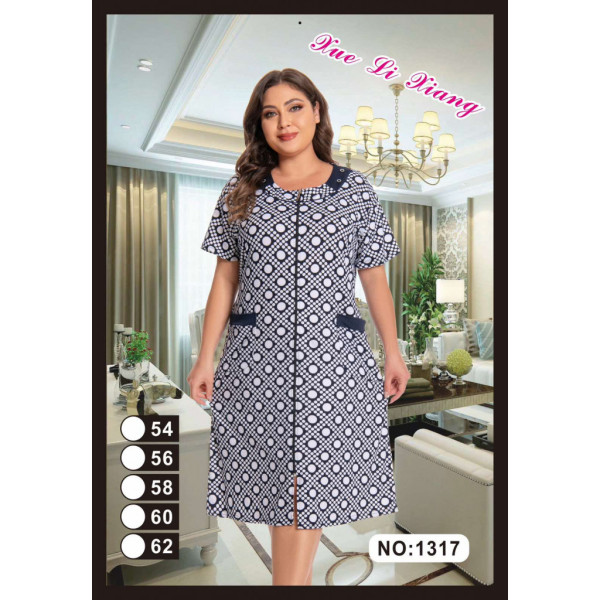 1317-10 белый женский халат (вискоза, принт, на змейке + завязки, карманы, 5 ед, размеры батал: 54, 56, 58, 60, 62) Халат