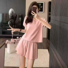 1246# бежевый женский спортивный костюм (футболка+шорты, 4 ед, размеры норма: M-L оверсайз) выдача на следующий день Костюм