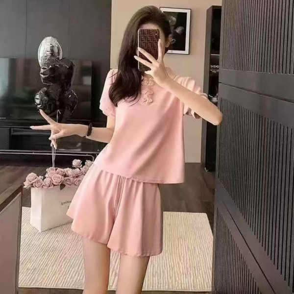 1246# бежевый женский спортивный костюм (футболка+шорты, 4 ед, размеры норма: M-L оверсайз) выдача на следующий день Костюм