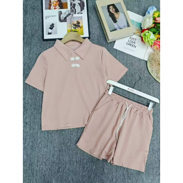 1246# бежевый женский спортивный костюм (футболка+шорты, 4 ед, размеры норма: M-L оверсайз) выдача на следующий день Костюм