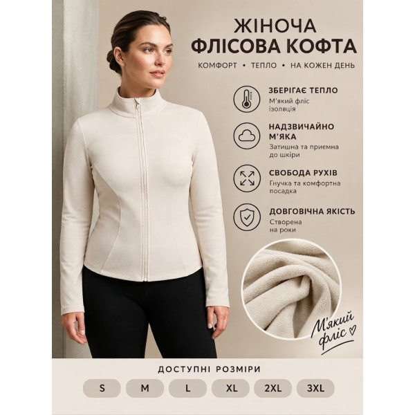 0060-100 * Жіноча спортивна кофта на флісі JELEEY молочна (1165396)