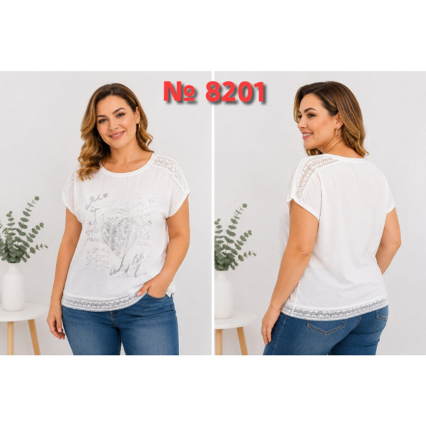 8201-10 # белая женская футболка (трикотаж, лен, 4 ед, размеры батал: 2XL-5XL) выдача на следующий день Футболка