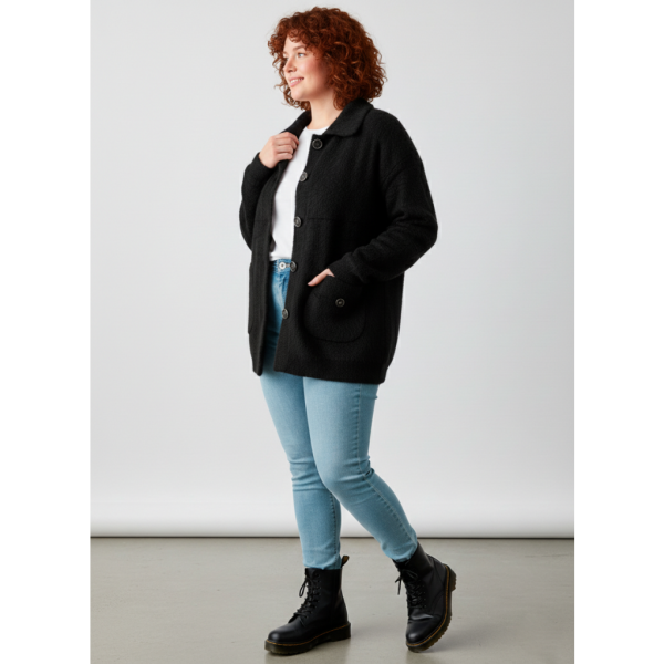 0265-1 черный женский кардиган (шерсть альпаки, на пуговицах, 1 ед. универсальный размер батал: 56-60) Альпака