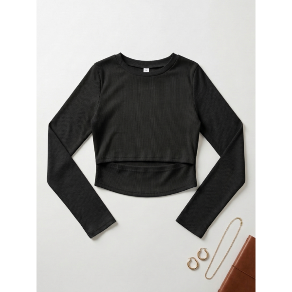2870-1 черный женский кроп-топ ( стрейч коттон, рубчик, с разрезом, 4 ед, размери норма: 42, 44, 46, 48) Кроп-топ