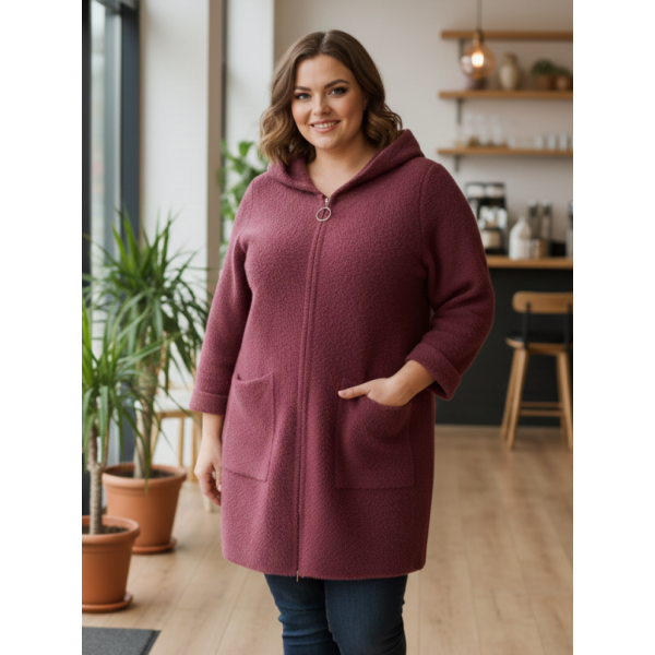 0557-33 малиновый женский кардиган (шерсть альпаки, с капюшоном, 1 ед. универсальный размер батал: 56-60) Альпака
