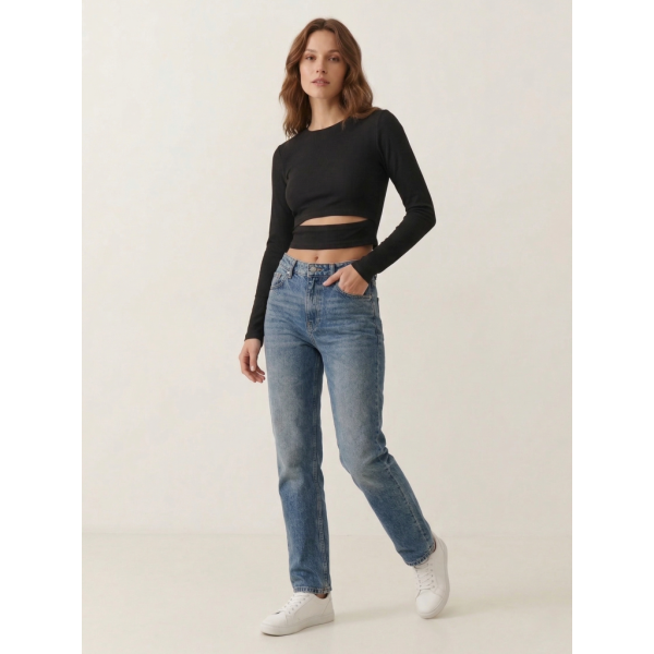 2870-1 черный женский кроп-топ ( стрейч коттон, рубчик, с разрезом, 4 ед, размери норма: 42, 44, 46, 48) Кроп-топ