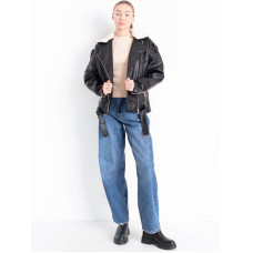 8817 чорна жіноча куртка-косуха (AOLONG, екошкіра, комір з хутром, 5 од. розміри норма: S. M. L. XL. 2XL)