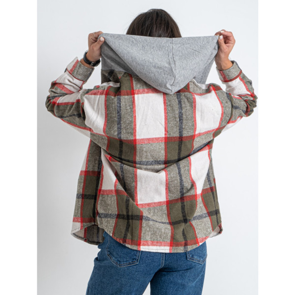 7732-79 хакі жіноча сорочка в клітку з капюшоном (JJF, байкова, 4 од. розміри напівбатал: XL. 2XL. 3XL. 4XL )