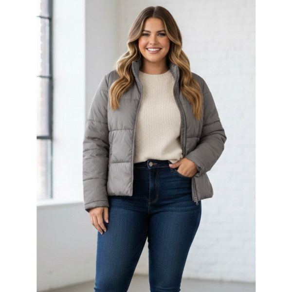 0416-6 сіра жіноча куртка (5`th Avenue, з кишенями, синтепон, 3од, розміри напівбатал: 50, 52, 54)