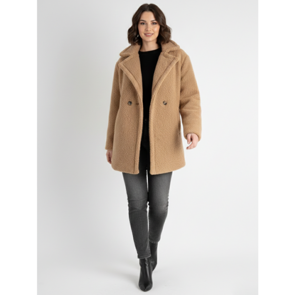 7966-3 БЕЖОВА шуба тедді укорочена напівбатальна жіноча з овчини (1 од.розмір: універсал 46-50)