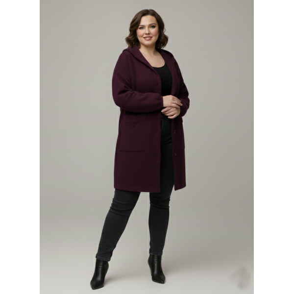 0559-52 бордовий жіночий кардиган (вовна альпаки, з капюшоном, 1 од. універсальний розмір батал: 56-60)