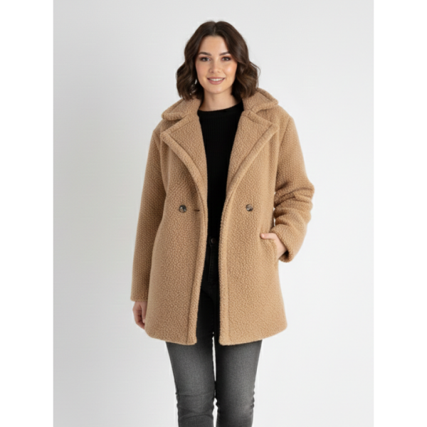 7966-3 БЕЖОВА шуба тедді укорочена напівбатальна жіноча з овчини (1 од.розмір: універсал 46-50)