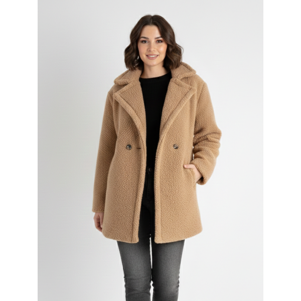 7966-3 БЕЖОВА шуба тедді укорочена напівбатальна жіноча з овчини (1 од.розмір: універсал 46-50)