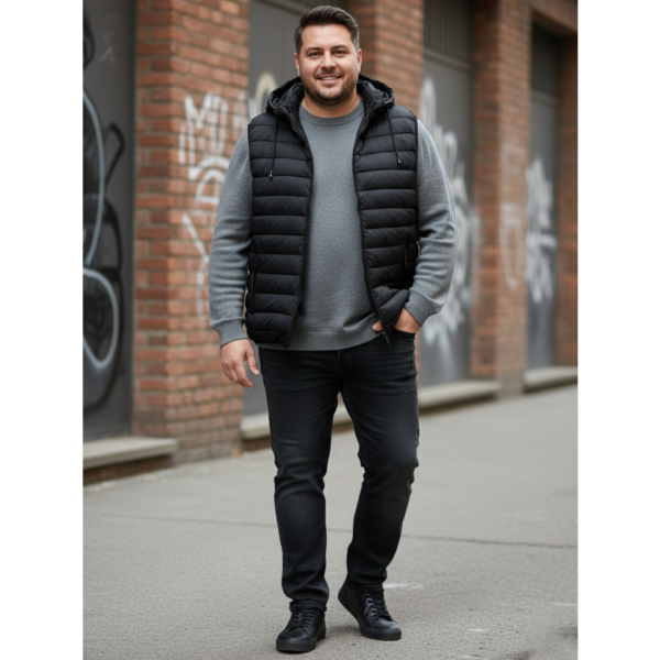0046-1 чорна чоловіча жилетка (синтепон, з капюшоном, 5од, розміри батал: 4XL. 5XL. 6XL. 7XL. 8XL)