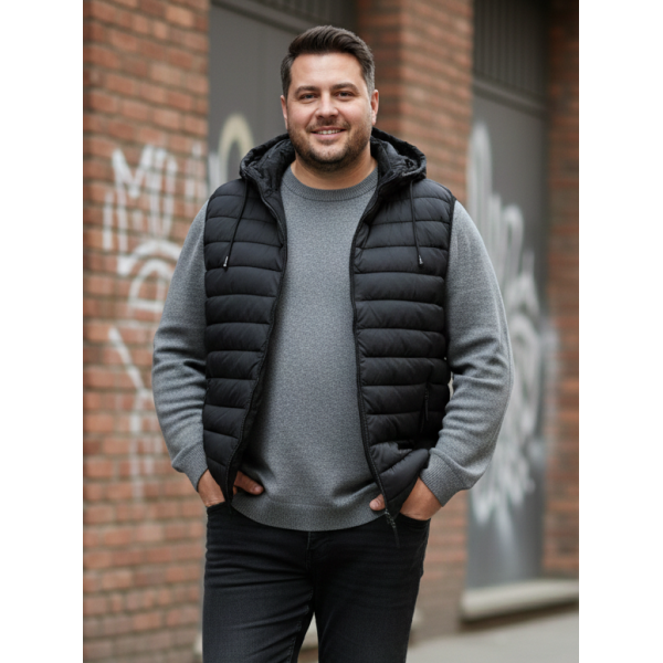 0046-1 чорна чоловіча жилетка (синтепон, з капюшоном, 5од, розміри батал: 4XL. 5XL. 6XL. 7XL. 8XL)