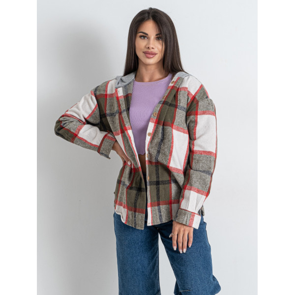 7732-79 хакі жіноча сорочка в клітку з капюшоном (JJF, байкова, 4 од. розміри напівбатал: XL. 2XL. 3XL. 4XL )