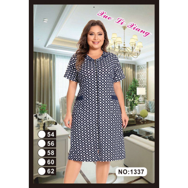 1337 синий женский халат (вискоза, принт, на змейке + завязки, карманы, 5 ед, размеры батал: 54, 56, 58, 60, 62) Халат