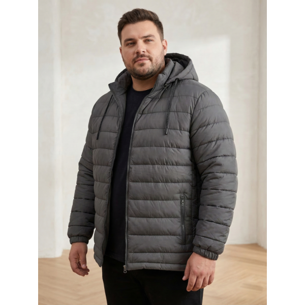 28277-6 серая мужская куртка (синтепон, с капюшоном, 5ед, размеры батал: 56, 58, 60, 62, 64) Куртка