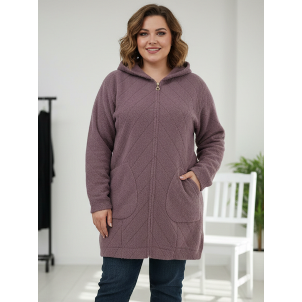 0567-25 светло-фиолетовый женский кардиган (шерсть альпаки, с капюшоном, на змейке, 1 ед. универсальный полубатальный размер: 46-52) Альпака