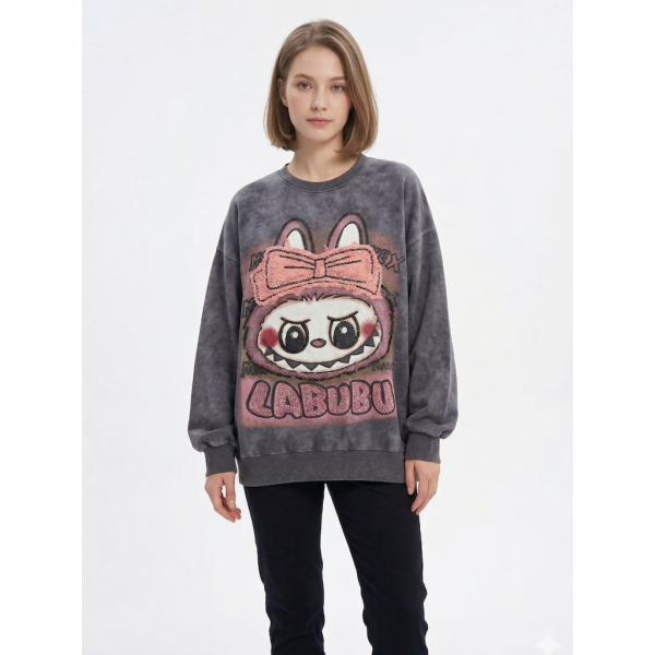 2319-6 серый женский свитшот (двухнитка, варка, принт+нашивка, 1 ед, универсальный размер норма : S/XL) Свитшот