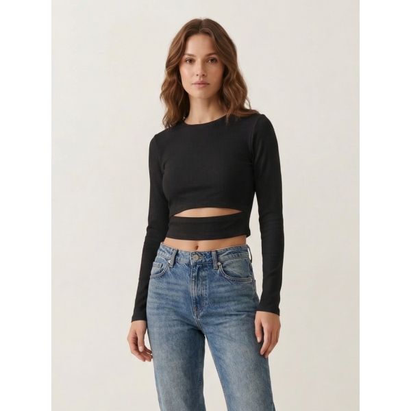 2870-13 черный женский кроп-топ ( стрейч коттон, рубчик, с разрезом, 3 ед, размери норма: 44, 46, 48) Кроп-топ