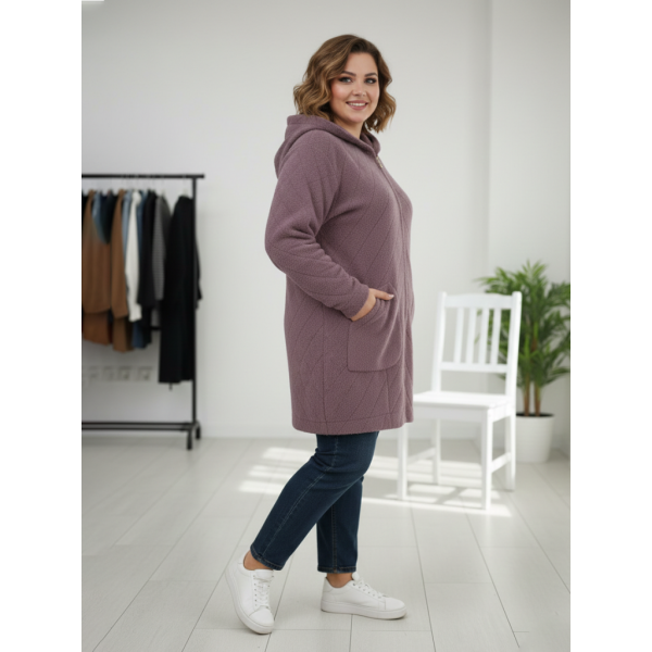 0567-25 светло-фиолетовый женский кардиган (шерсть альпаки, с капюшоном, на змейке, 1 ед. универсальный полубатальный размер: 46-52) Альпака