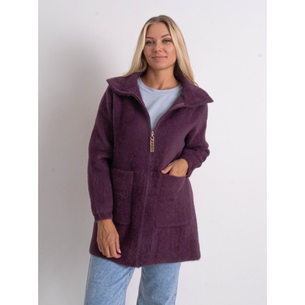 0565-34 фиолетовый женский кардиган (шерсть альпаки, на змейке, 1 ед. универсальный полубатальный размер: 48-52) Кардиган
