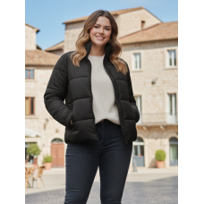 0416-1 чорна жіноча куртка (5`th Avenue, з кишенями, синтепон, 3од, розміри напівбатал: 50, 52, 54)