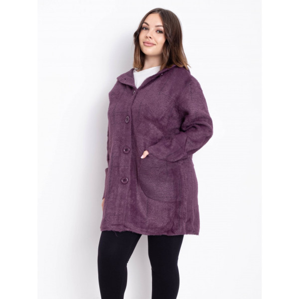 0777-24 фіолетовий жіночий кардиган (вовна альпаки, з капюшоном, 1 од. універсальний розмір батал: 56-60)