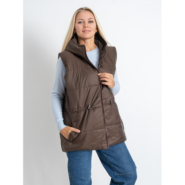 0752-9 коричнева жіноча жилетка (5'TH AVENUE, синтепон, з капюшоном, 3 од. розміри батал: 54. 56. 58)