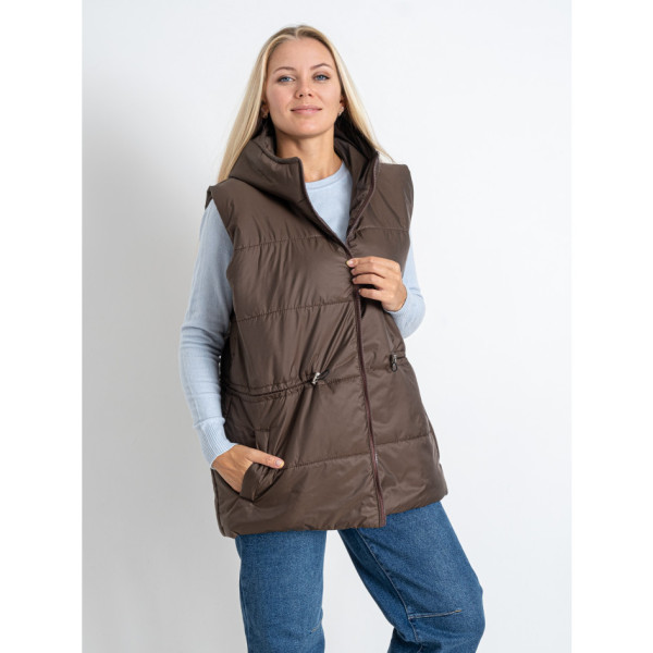 0752-9 коричнева жіноча жилетка (5'TH AVENUE, синтепон, з капюшоном, 3 од. розміри батал: 54. 56. 58)