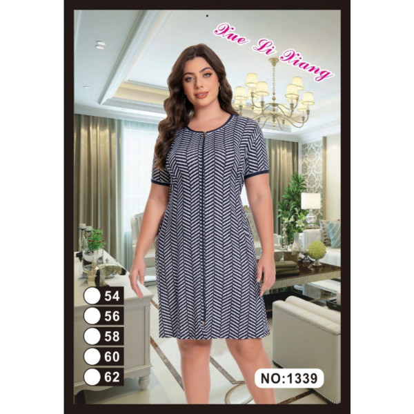 1339 синий женский халат (вискоза, принт, на змейке + завязки, карманы, 5 ед, размеры батал: 54, 56, 58, 60, 62) Халат