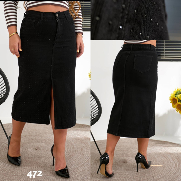 0472# черная женская джинсовая юбка с камнями (стрейч-коттон, 6 ед, размеры батал: 31-38) выдача на следующий день Liana
