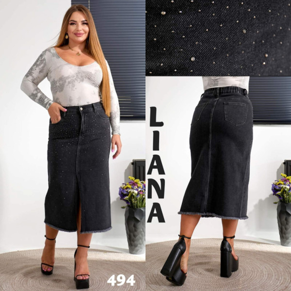 0494# черная женская джинсовая юбка с камнями (стрейч-коттон, 6 ед, размеры батал: 30-36) выдача на следующий день Liana