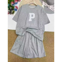 1246-6# серый женский спортивный костюм (футболка+шорты, 4 ед, размеры норма: M-L оверсайз) выдача на следующий день Костюм