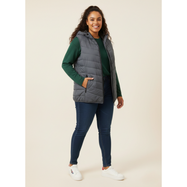 88597-6 сіра жіноча жилетка (синтепон, кишеня на змійці, 5 од. розміри напівбатал: L. XL. 2XL. 3XL. 4XL)