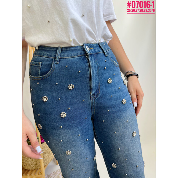 Жіночі джинси зі стразами та штучними перлинами розмірний ряд 25,26,27,28,29,30